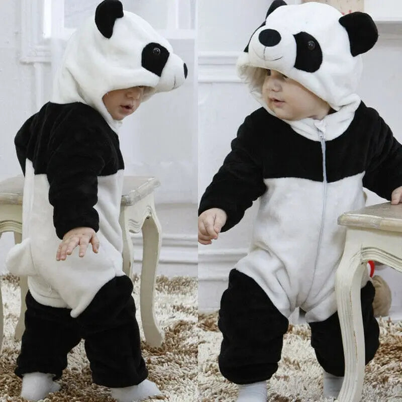 Showlu Fashion Store Emmababy newborn panda hooded winter jumpsuit, warm cotton romper for babies 0-36 months with animal hood design.
