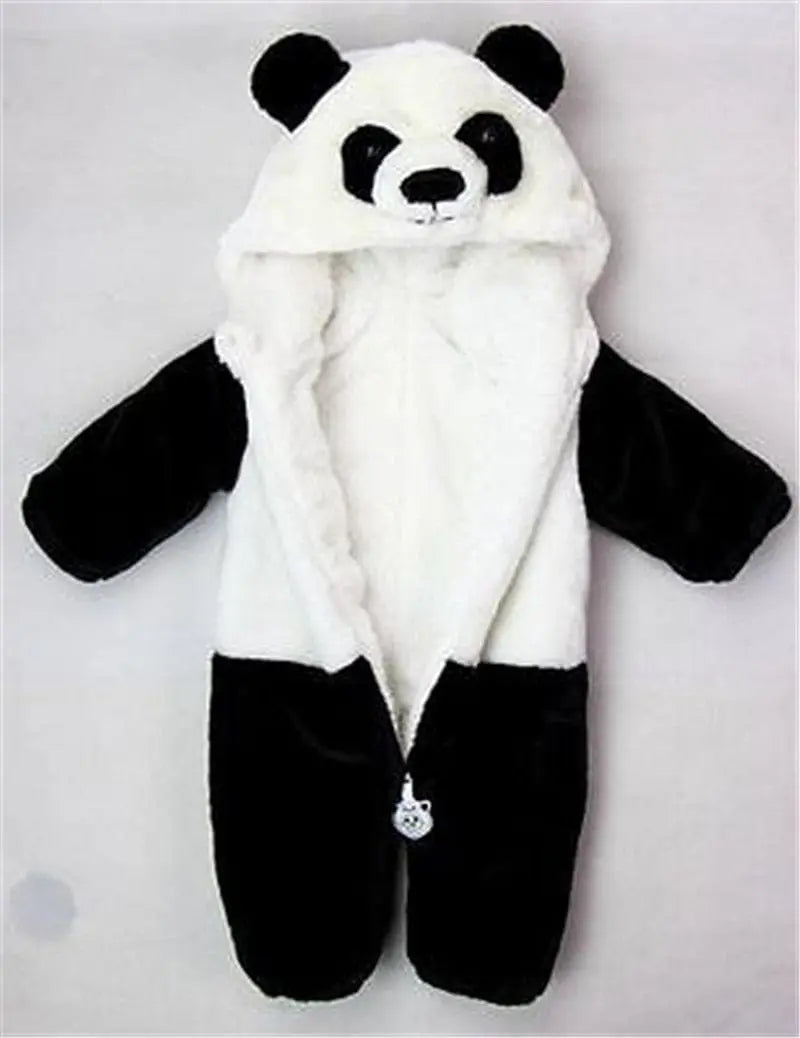 Showlu Fashion Panda hooded winter jumpsuit for newborns, warm cotton romper with panda face and hood, suitable for babies 0-36 months.