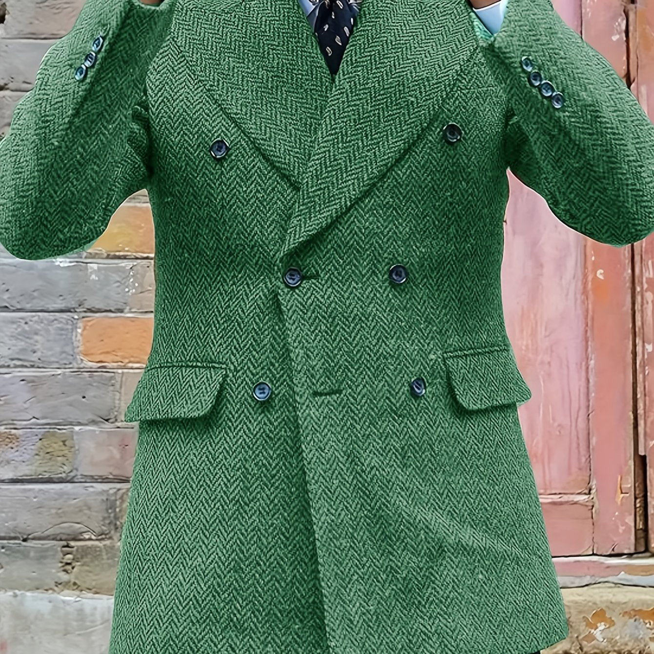 SHOWLU FASHION men's retro herringbone double-breasted blazer with lapel, tailored fit, stylish men's fashion.