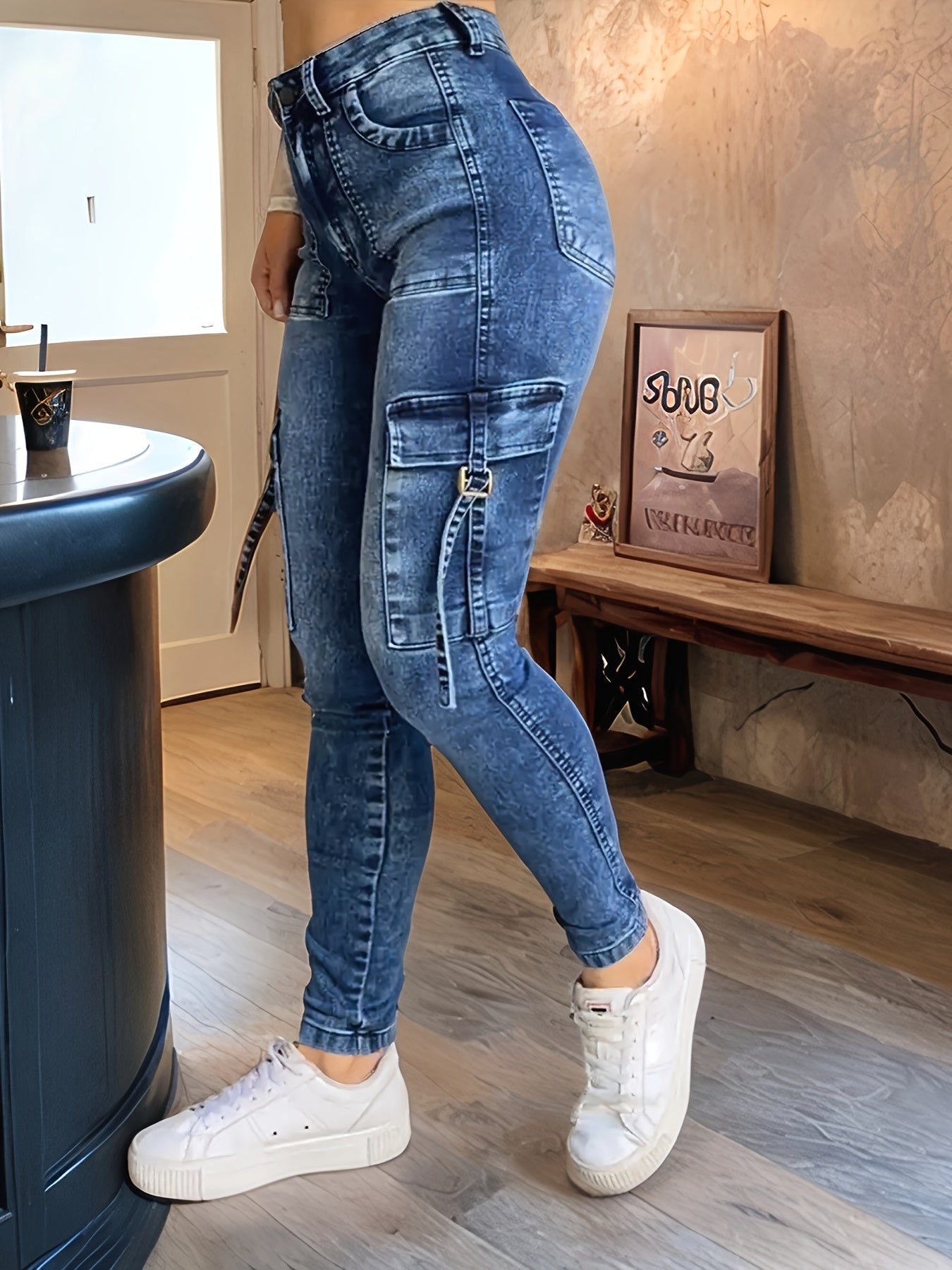 Blue washed high waist skinny jeans for women by SHOWLU Fashion Store, showcasing fitted denim pants with a stylish silhouette.
