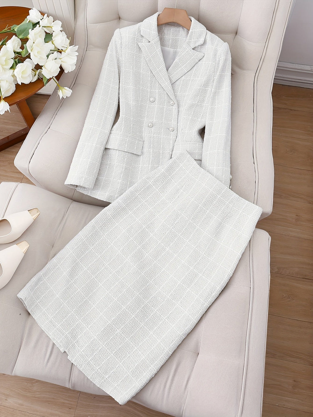 SHOWLU FASHION women's solid color notch lapel jacket and skirt set displayed on a mannequin, stylish and tailored for a chic look.