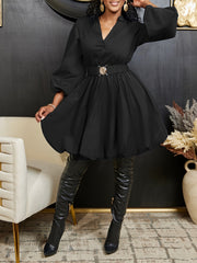 Solid V-neck Button Front Dress, Elegant Lantern Sleeve Swing Dress For Spring & Fall, Women's Clothing