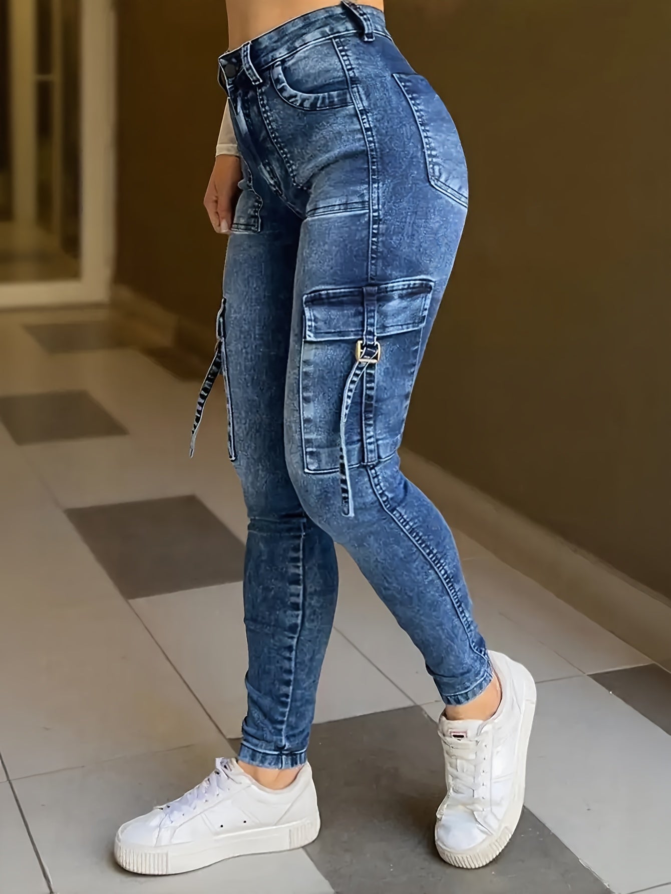 Blue washed high waist skinny jeans for women from SHOWLU FASHION STORE, fitted denim pants with a stylish silhouette.