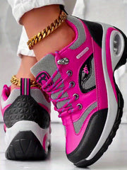 Women's Lightweight Air Cushion Hiking Sneakers - Comfortable Lace-Up Outdoor Shoes with Arch Support, Black & Pink Design, All-Season Wear, Outdoor Hiking Sneakers | Fashion Sportswear | Durable Fabric Lining