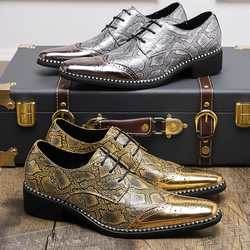 Men's SHOWLU FASHION Golden Diamond Pattern Brogue Loafers with pointed toe, stylish men's dress shoes featuring intricate gold diamond design.