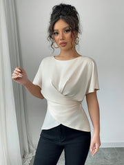 Women'S Elegant Off-Shoulder Blouse with Asymmetrical Hem and Cross Wrap Detail - Short Sleeve, Solid Color, Polyester, Perfect for Adult, All-Season Wear, Casual Attire|Asymmetrical Hem Top|Polyester Fabric