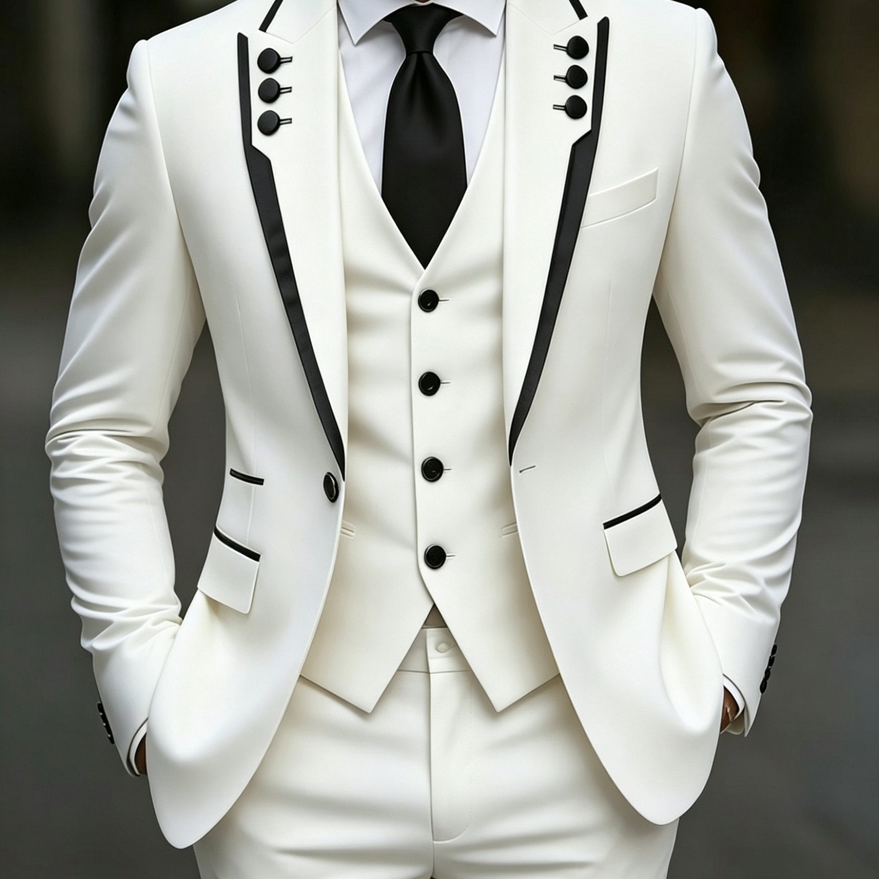 Men's black fringed suit set by Showlu Smart General, featuring lapel, three-piece formal style for parties and weddings.
