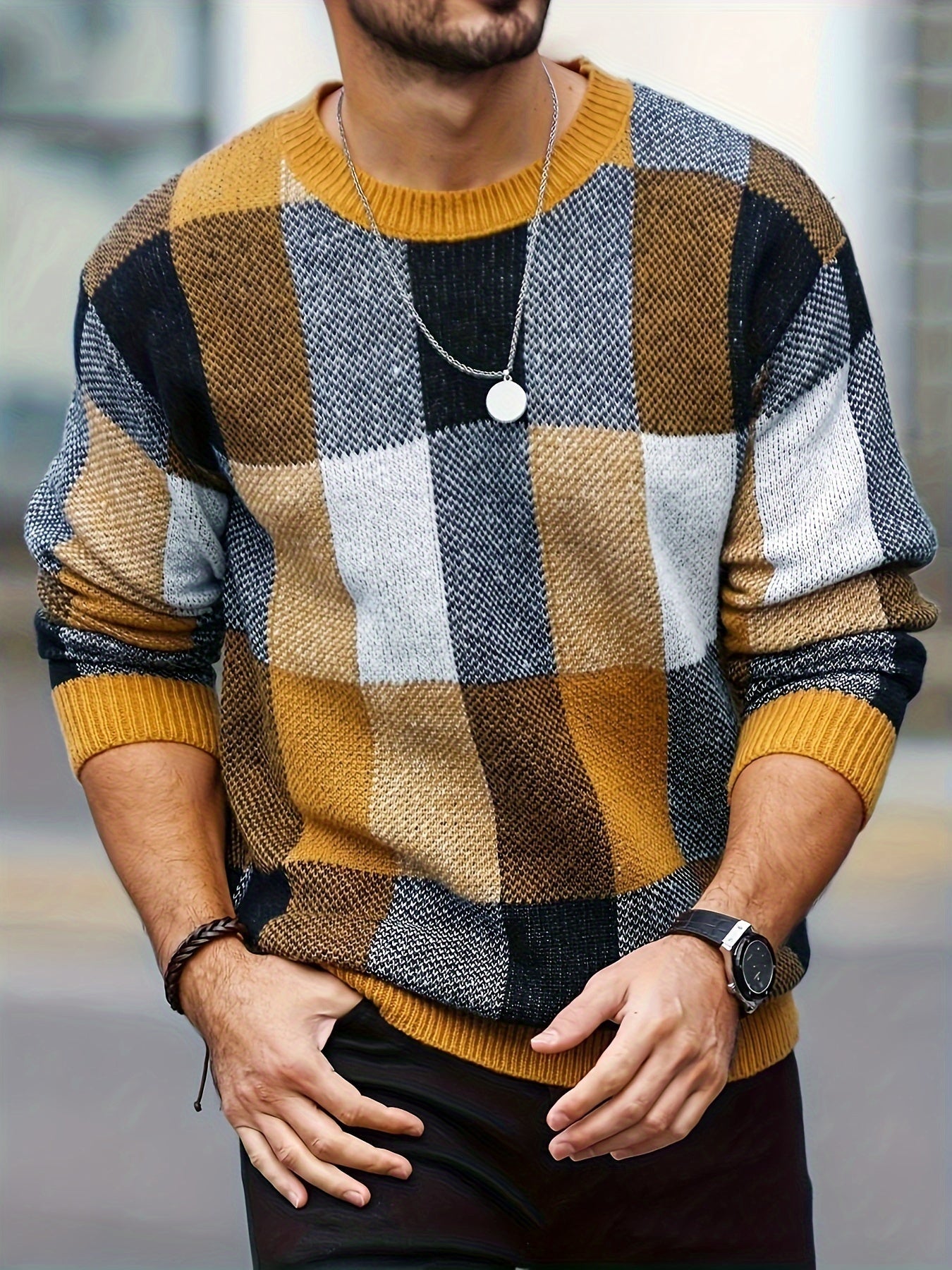Men's plaid crew neck sweater by SHOWLU FASHION STORE, casual viscose knit pullover with red and black checkered pattern.