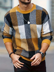 Men'S Casual Plaid Sweater - Cozy Crew Neck Pullover with Brown, Beige, Black & White Checkered Pattern, Loose Fit, Warm for Fall & Winter, Everyday Comfort, Sweater Vest