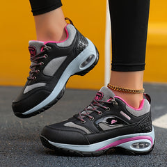 Women's Lightweight Air Cushion Hiking Sneakers - Comfortable Lace-Up Outdoor Shoes with Arch Support, Black & Pink Design, All-Season Wear, Outdoor Hiking Sneakers | Fashion Sportswear | Durable Fabric Lining