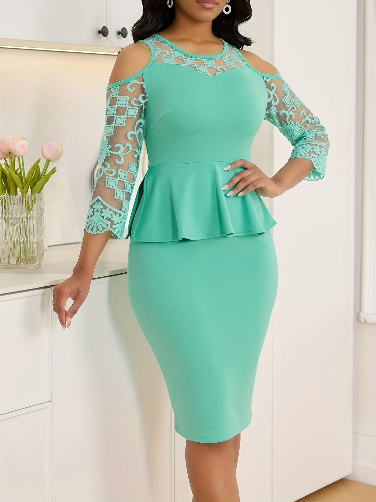 SHOWLU women's lace sleeve bodycon dress, knee-length knit design, elegant women's fashion dress with lace details.