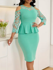 Women's Elegant Off-Shoulder Lace Sleeve Bodycon Dress - Three-Quarter Length Ruffled Halter Neck, Knee-Length Machine Washable Solid Color Dress for All-Season Wear BTG223, Halter Neck Dress, Formal Attire, Casual Elegance,