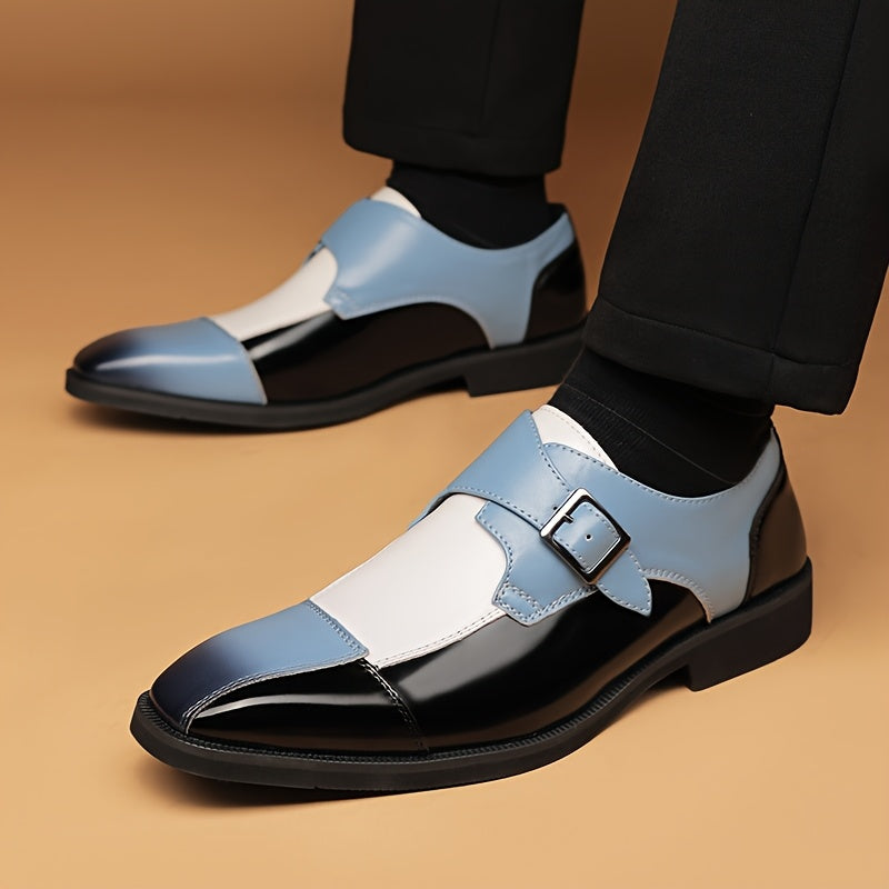 SHOWLU men's plaid microfiber leather Oxford dress shoes with buckle, featuring classic design and polished finish.