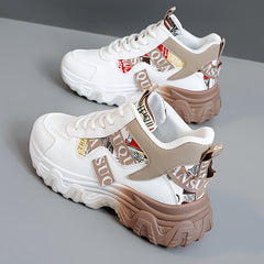 New Women's 2025 Spring/Summer Outdoor Sports Shoes - Height-Enhancing Thick Sole, High Quality Synthetic Leather Upper, Breathable Fabric Lining & Non-Slip PVC Outsole for Running, Hiking, Casual Wear - Beige/Red Colorway, L