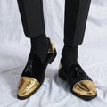 Men's green and golden SHOWLU brogue loafers, slip-on formal dress shoes with decorative perforations and stylish design.