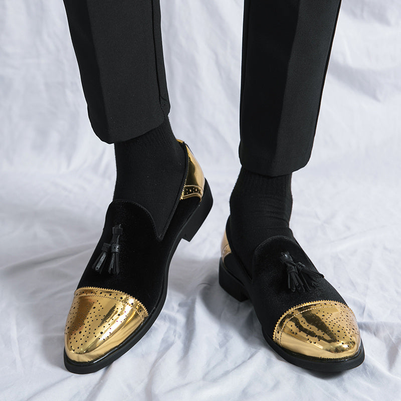 Men's green and golden SHOWLU brogue loafers, slip-on formal dress shoes with decorative perforations and stylish design.