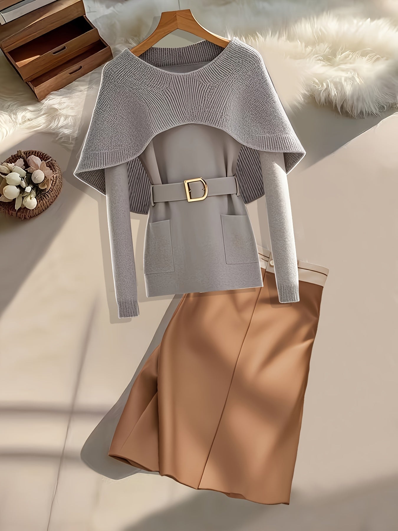 Grey knit cardigan with cape shawl and belt from SHOWLU FASHION, featuring textured fabric and stylish layered design.