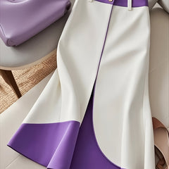 Elegant Color-Block A-Line Skirt - Purple & White Polyester-Spandex Blend, Structured Non-Stretch Fabric, Machine Washable, Button Closure, All-Season Versatile Office to Casual Wear