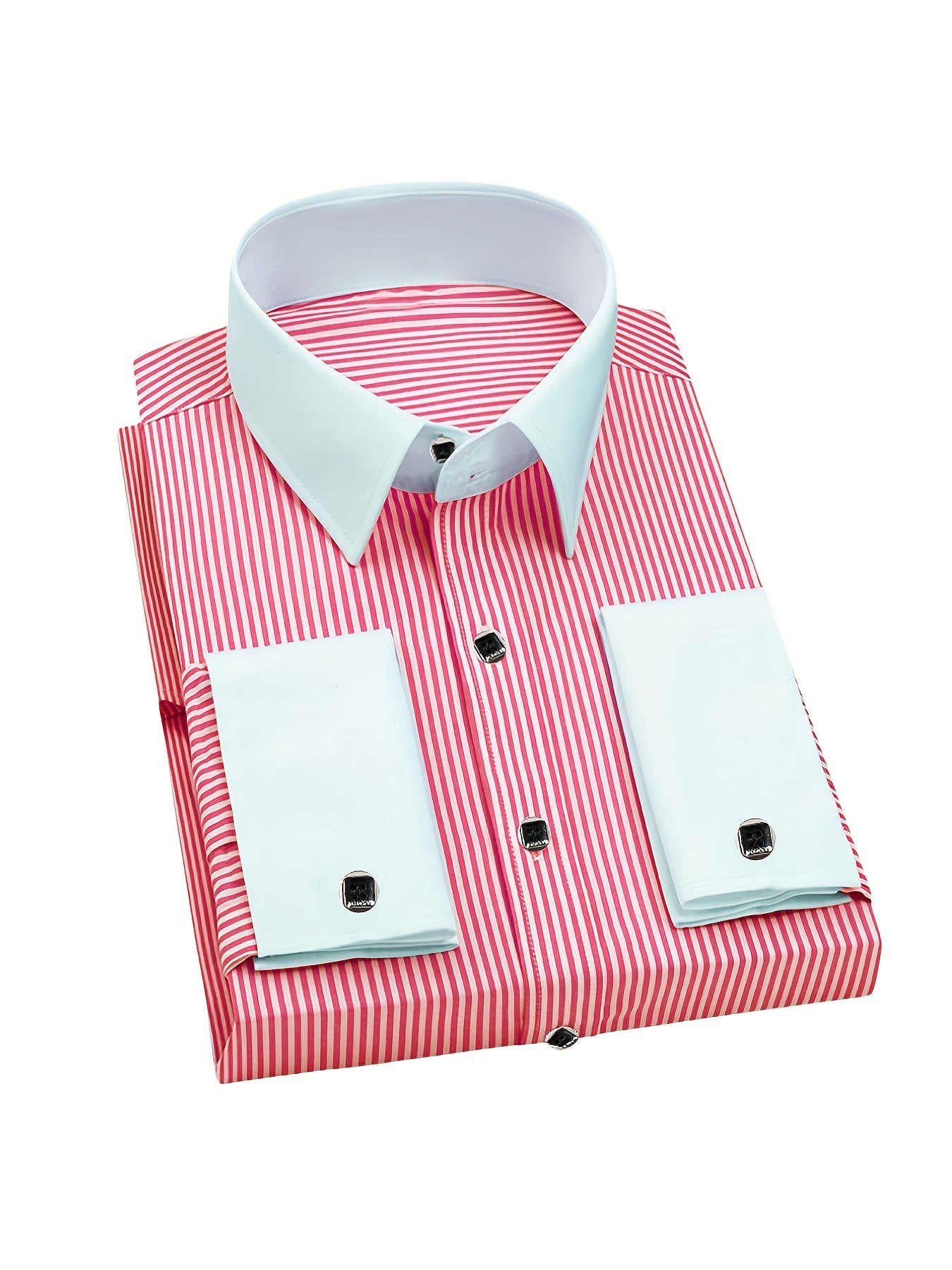 Showlu men's slim fit striped formal shirt with French cuffs, made of polyester, displayed on a hanger.