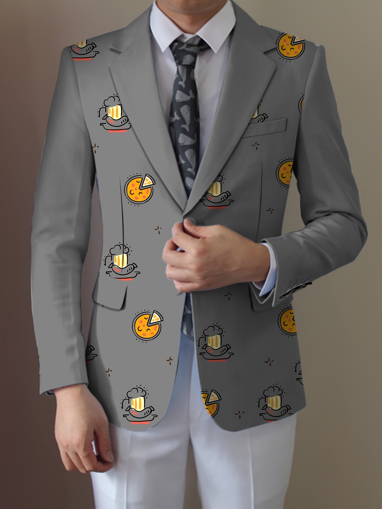SHOWLU Men's casual food cartoon blazer with regular fit lapel suit jacket, featuring fun food-themed design and tailored fit.