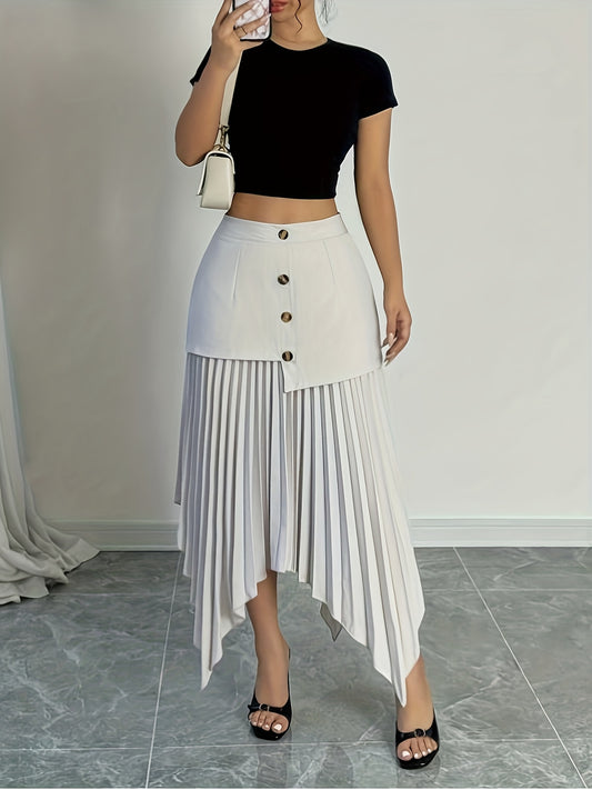 [Elegant Skirt] Semi-Sheer Lightweight Asymmetrical Front Button Hem Skirt - White & Black Contrast | Elegant, Machine Washable Spring/Summer Casual & Formal Wear