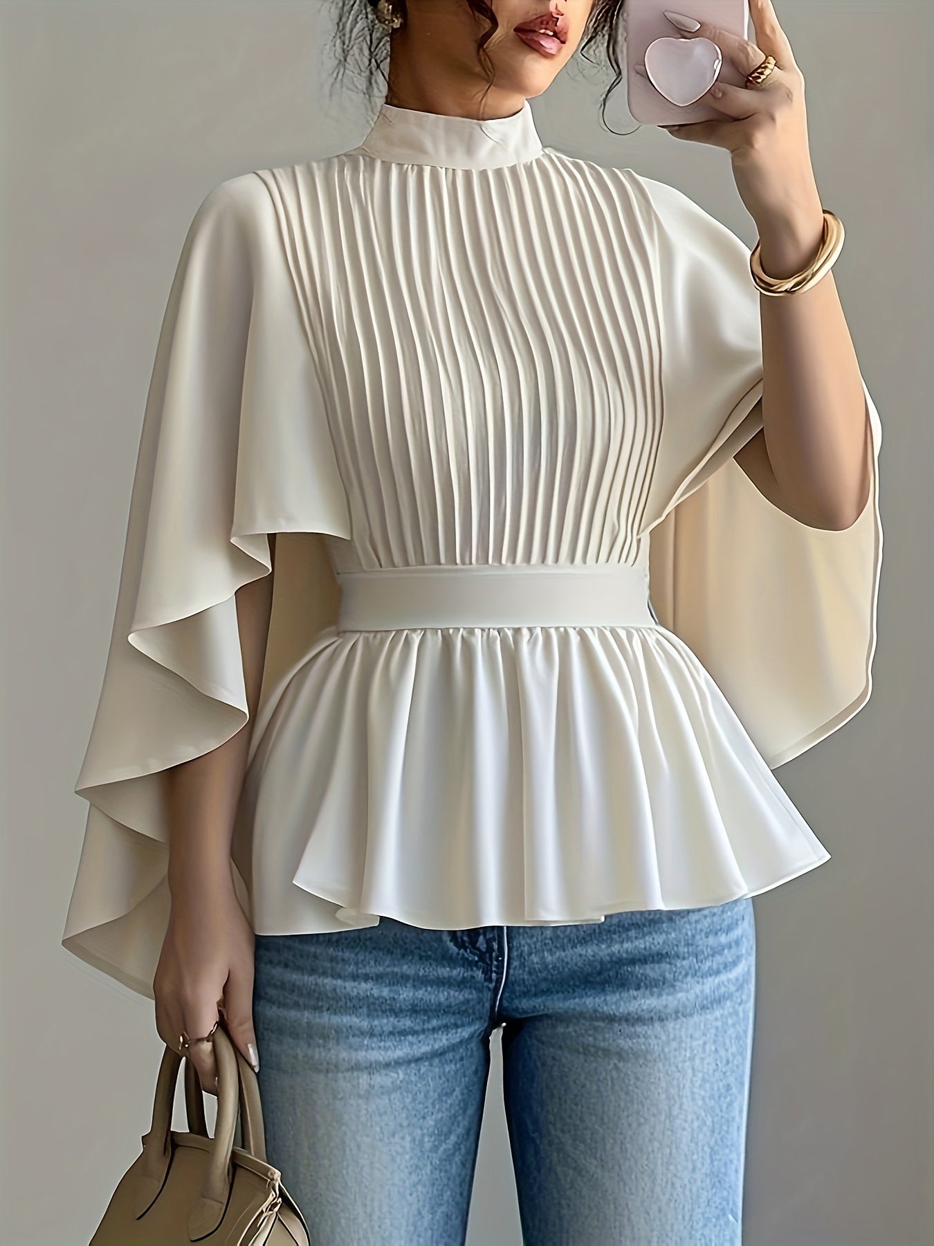 SHOWLU Women's high neck semi-sheer blouse with ruffled sleeves and woven fabric, stylish and elegant top for fashion-forward looks