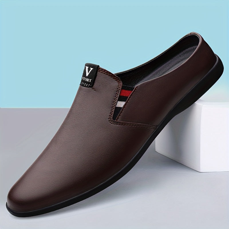 SHOWLU Men's split leather mules, breathable slip-on summer shoes, comfortable and stylish for warm weather wear.