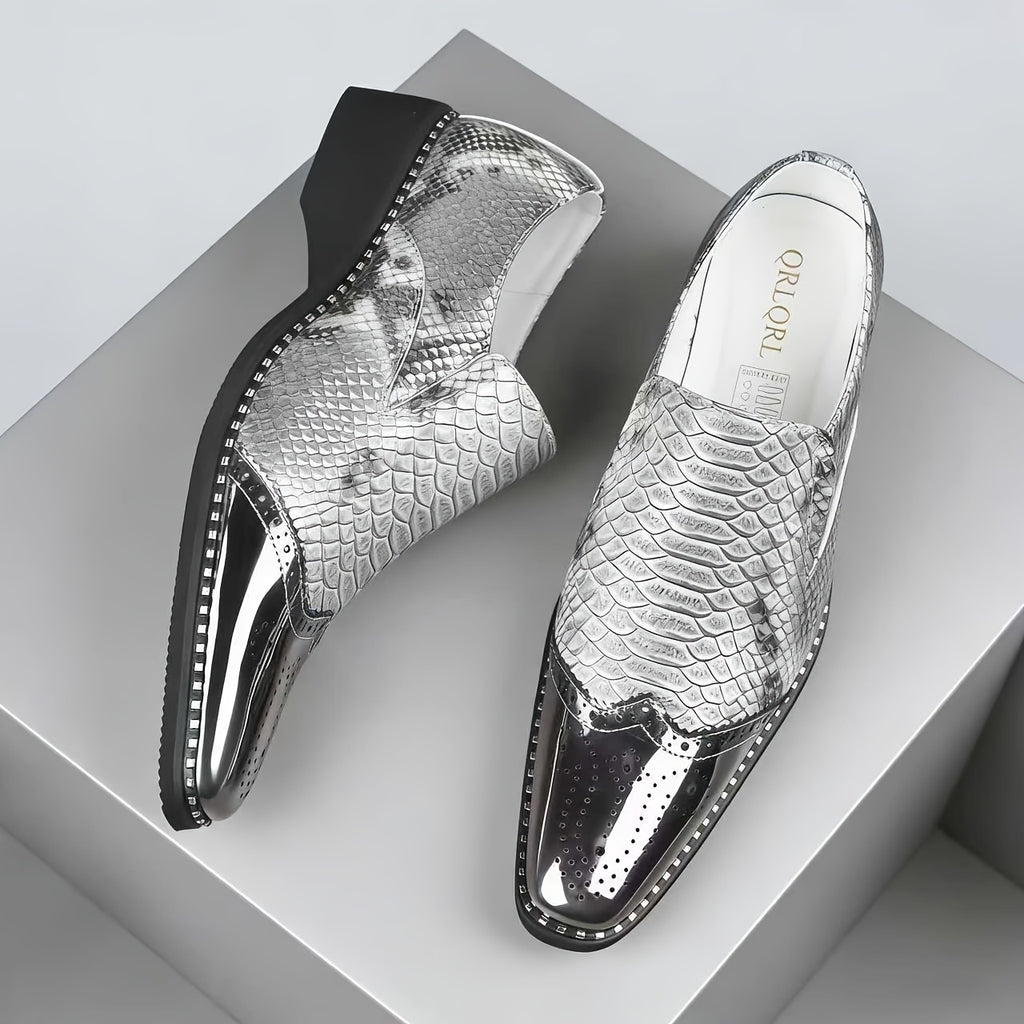 Showlu Fashion Men's snake scale patchwork slip-on formal shoes with chunky heel, featuring a sleek design and textured snake pattern.