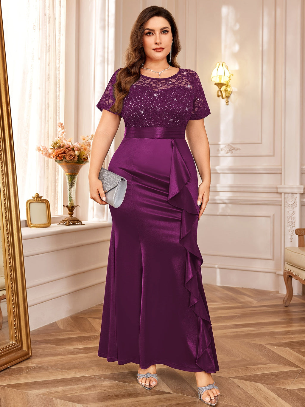 Showlu women's plus size lace sequin mermaid bridesmaid dress with intricate lace details and shimmering sequins.