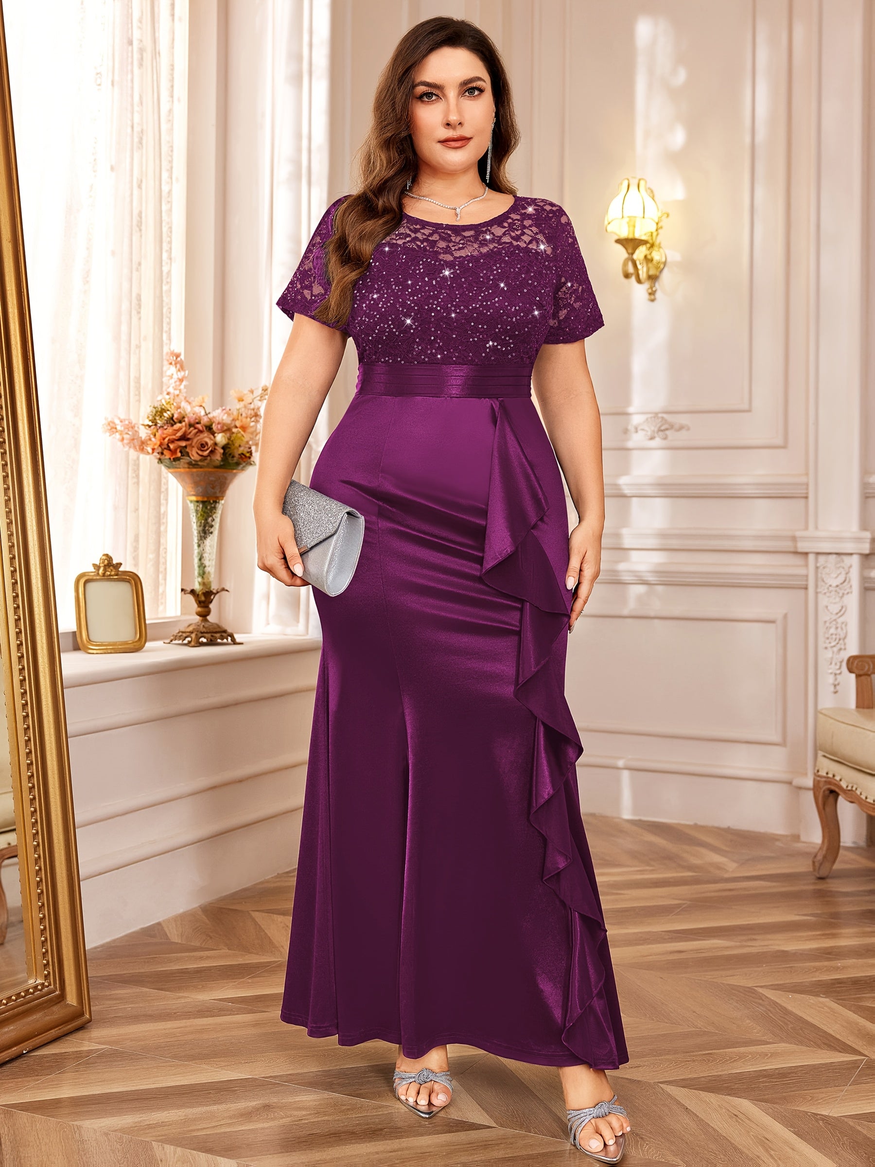 Showlu women's plus size lace sequin mermaid bridesmaid dress with intricate lace details and shimmering sequins.