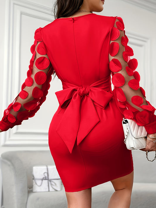 Women's Elegant Red Bodycon Dress with Back Bow Detail & Mesh Sleeves - Square Neck Short Sleeve, Machine Washable, All-Season Versatile for Casual to Formal Occasions, Formal Attire, Casual Wear, Nontransparent Fabric, Eveni