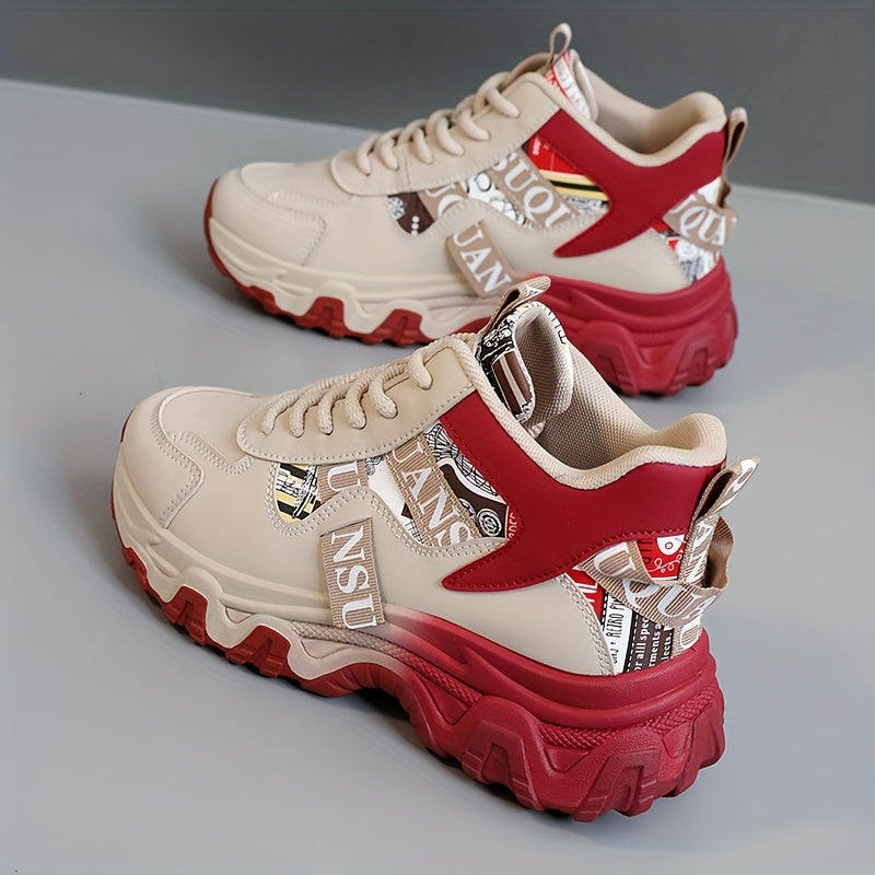 New Women's 2025 Spring/Summer Outdoor Sports Shoes - Height-Enhancing Thick Sole, High Quality Synthetic Leather Upper, Breathable Fabric Lining & Non-Slip PVC Outsole for Running, Hiking, Casual Wear - Beige/Red Colorway, L