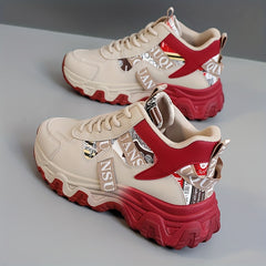 New Women's 2025 Spring/Summer Outdoor Sports Shoes - Height-Enhancing Thick Sole, High Quality Synthetic Leather Upper, Breathable Fabric Lining & Non-Slip PVC Outsole for Running, Hiking, Casual Wear - Beige/Red Colorway, L