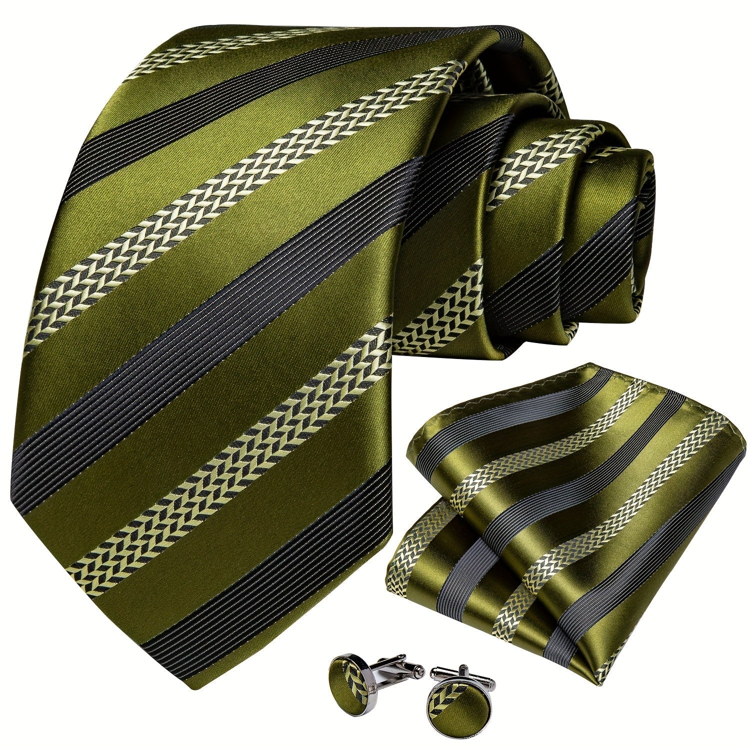 Men's green striped silk tie set with cufflinks and pocket hanky, stylish accessory by SHOWLU FASHION STORE