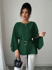 Elegant Light Blue Long Sleeve Blouse with Belted Waist - Chic Crew Neck, Flowy Design, Perfect for Casual or Formal Occasions, Casual Wear Blouse | Belted Waist Top | Structured Shoulders