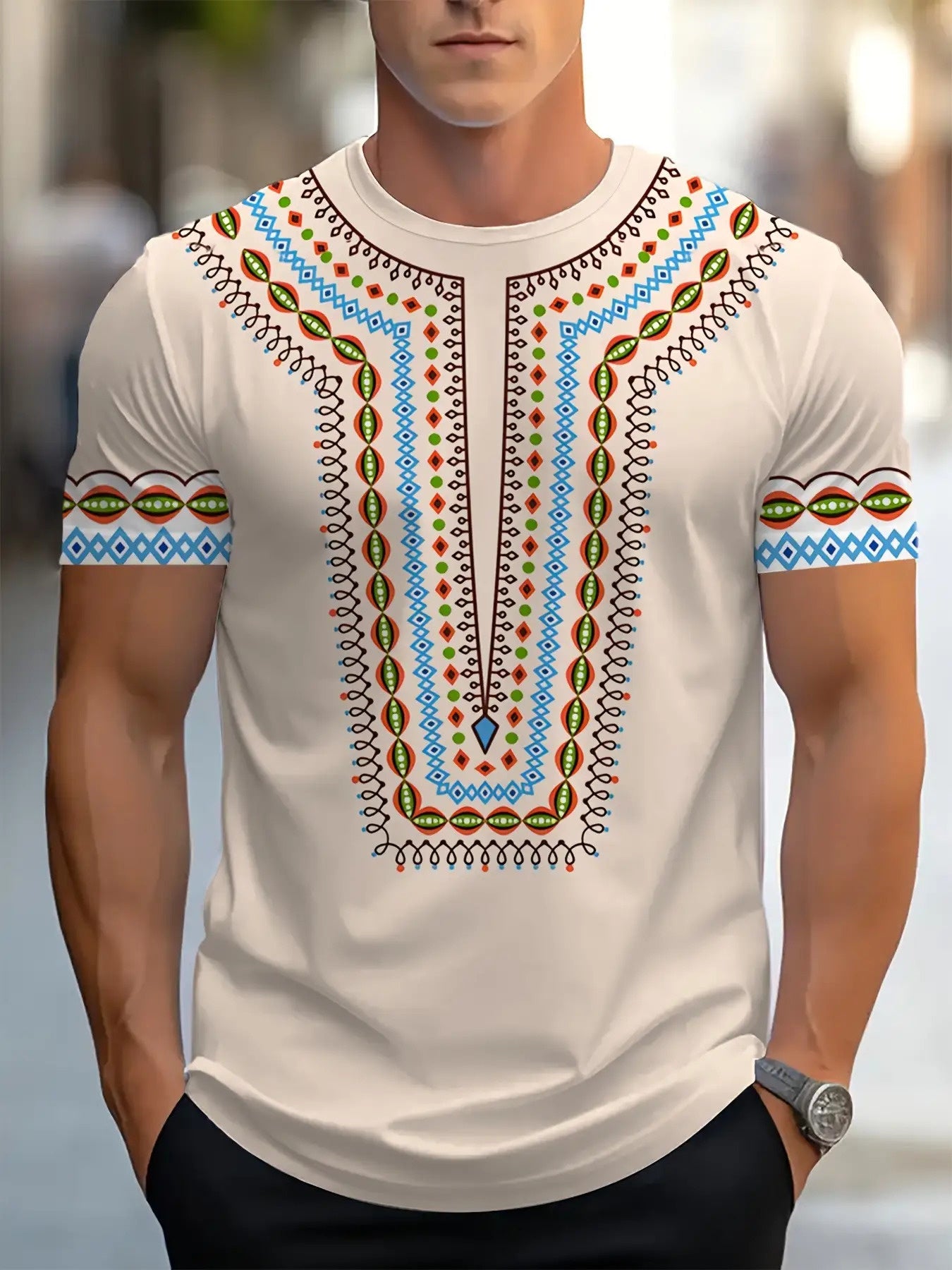 White African print men's T-shirt with tribal knit crew neck by SHOWLU FASHION STORE, featuring bold cultural patterns.