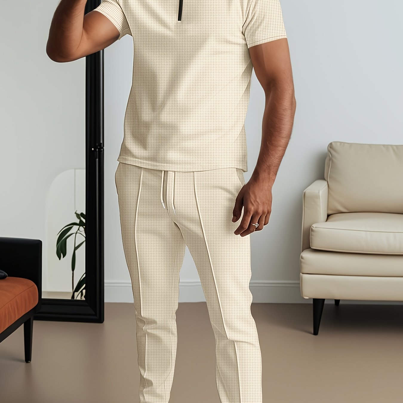SHOWLU Men's waffle texture short sleeve shirt and pants 2-piece set, casual comfortable clothing, beige color, front view