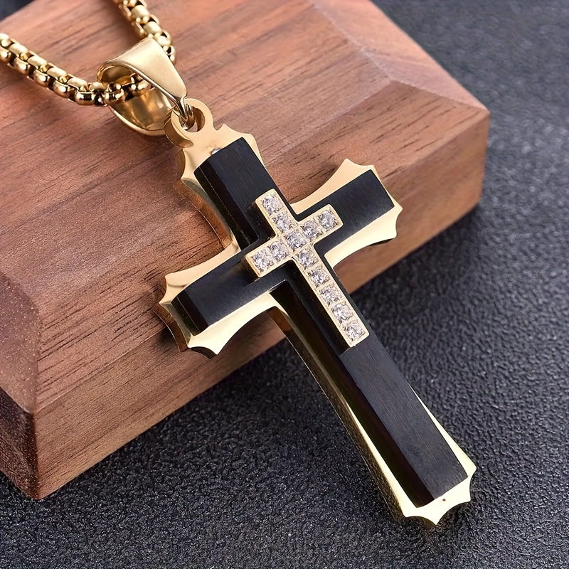 Showlu 304 stainless steel cross pendant necklace with 18K gold plating, featuring a sleek, polished design on a chain.