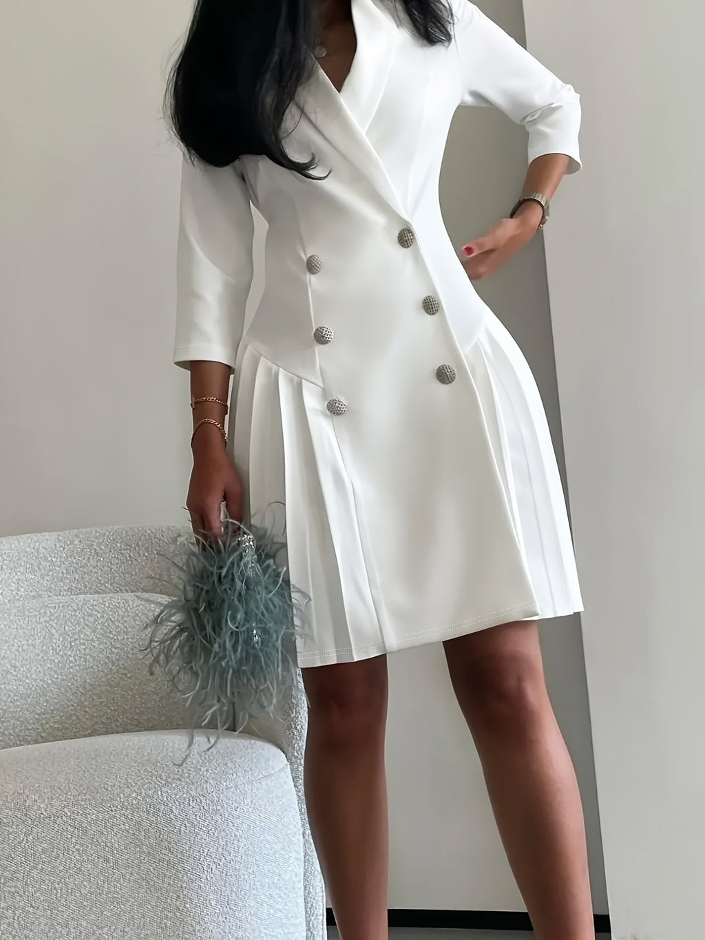 SHOWLU FASHION women's V-neck pleated A-line dress in solid color, stylish and elegant for casual or formal wear.