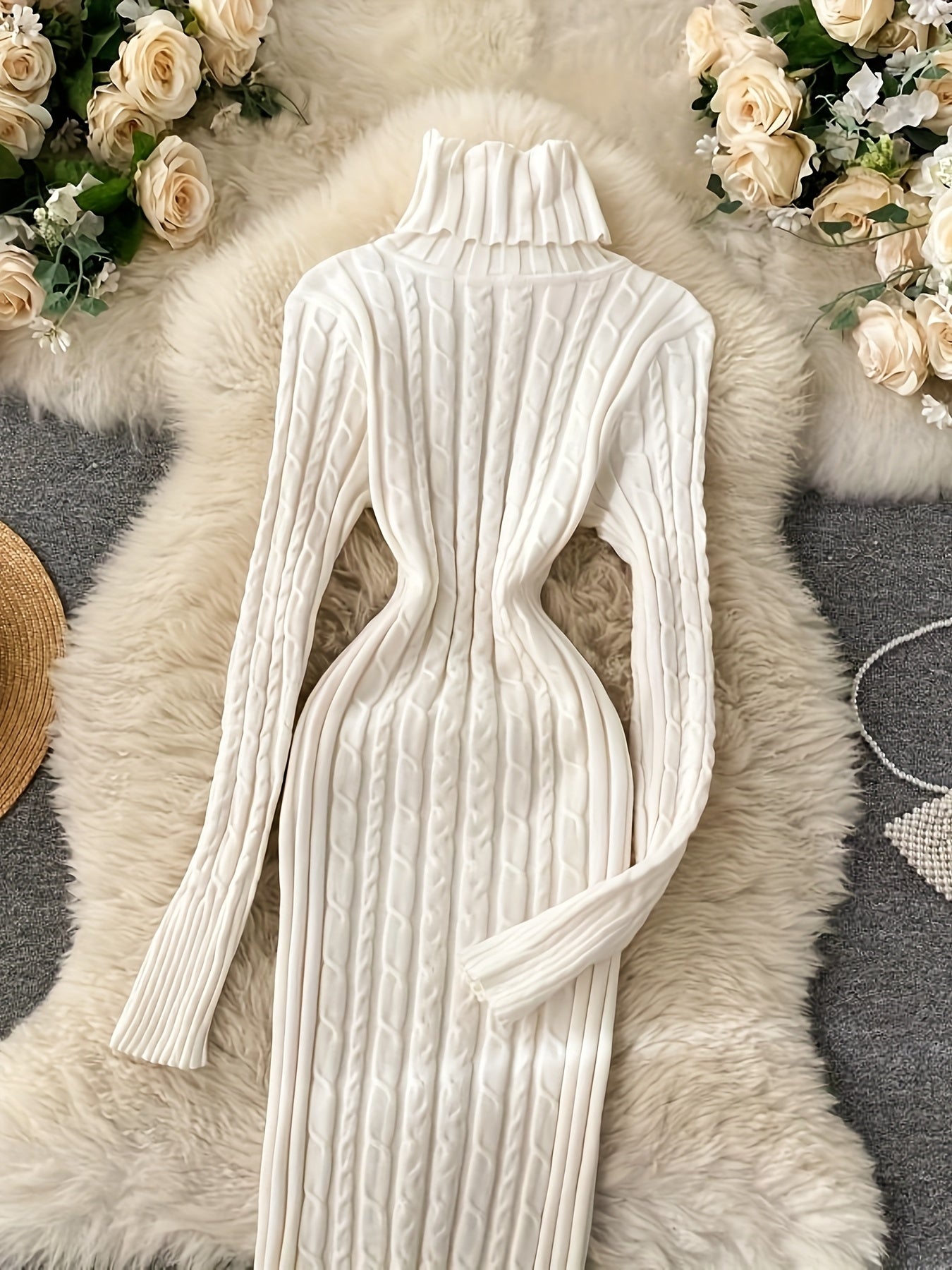 SHOWLU FASHION women's high-neck ribbed knit long sleeve sweater dress featuring a fitted silhouette and cozy fabric.
