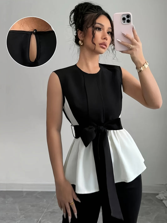 Elegant Women'S Sleeveless Crop Top Blouse with Front Tie - Black & White, Slim Fit, Round Neck, Perfect for Spring and Summer Office or Casual Wear, Spring Fashion | Sleeveless Crop Top | Stylish Bow Detail
