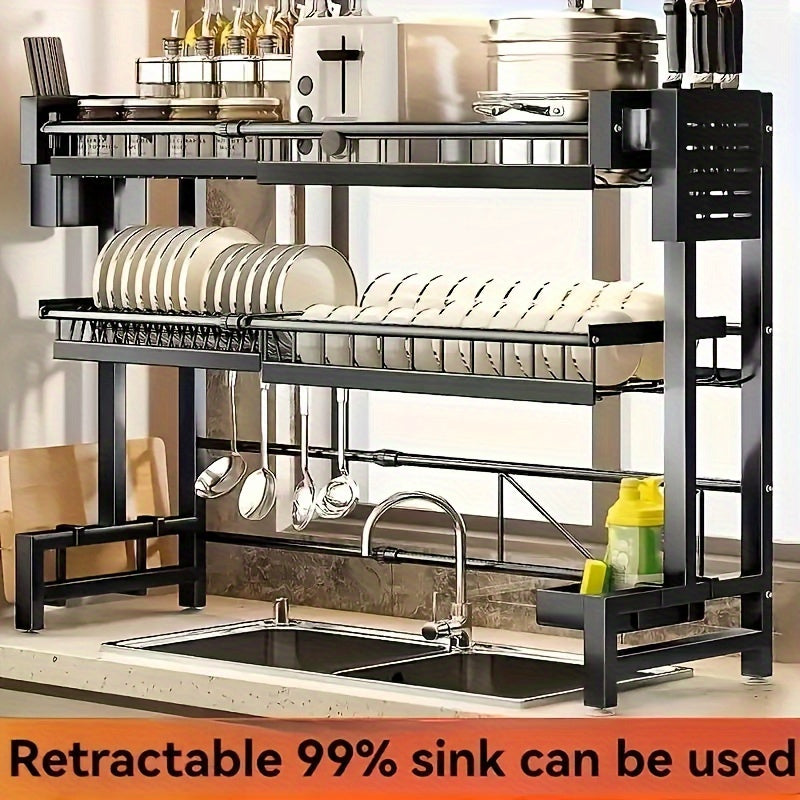 Expandable stainless steel dish storage rack from SHOWLU FASHION STORE, shown with dish drainage features for kitchen sink organization.