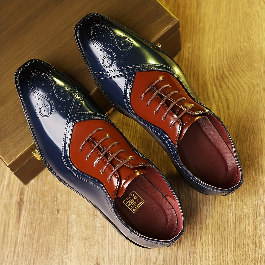 Showlu Fashion men's lace-up wedding shoes with round toe, made of black PU leather, casual style, detailed stitching visible.