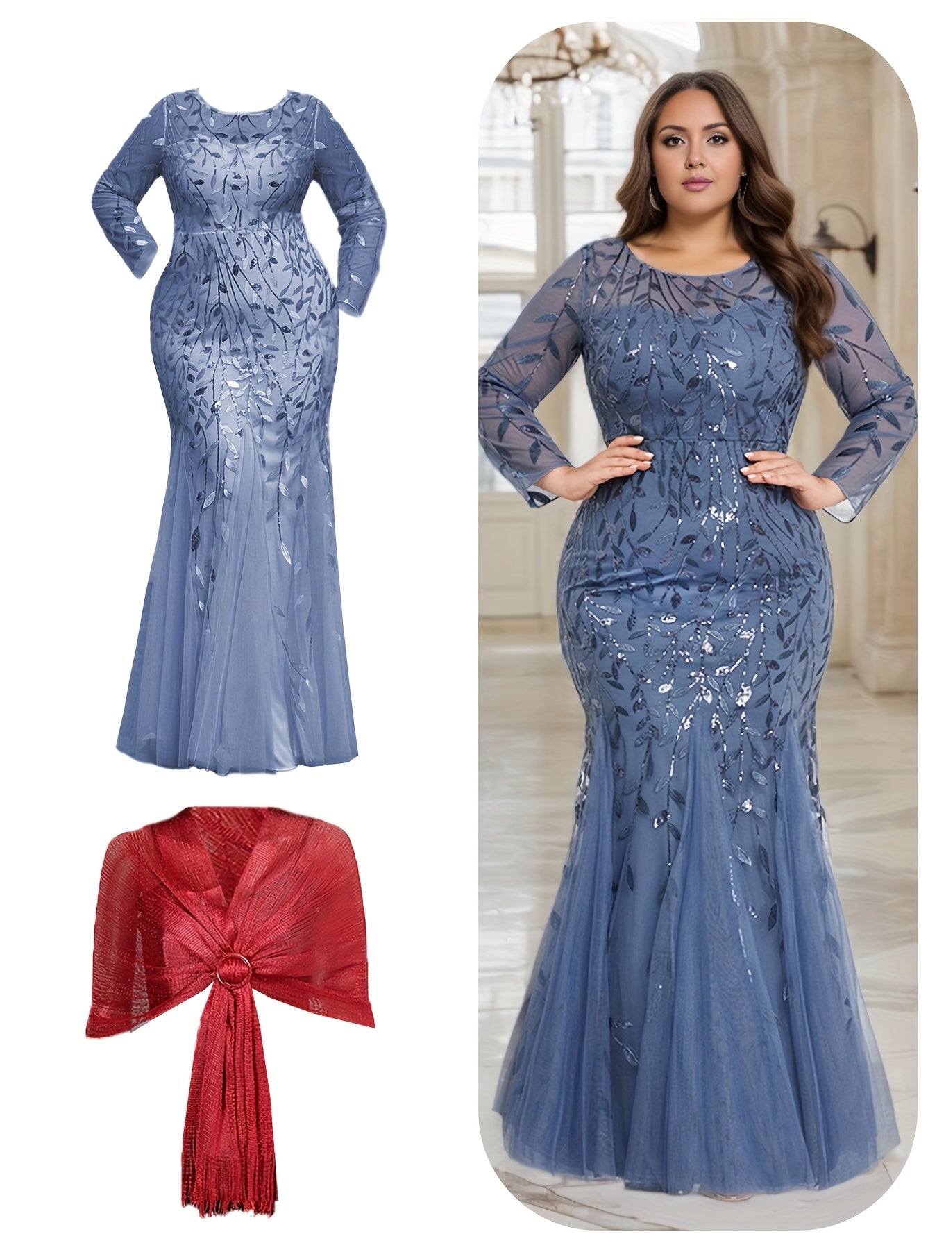 Elegant Plus Size Sequin Embroidered Mermaid Hem Dress with Matching Shawl - Long Sleeve, Crew Neck, Floral Pattern, Beige/Golden & Red Options, Perfect for Weddings, Proms, and Formal Events, Elegant Event Clothing | Glamoro SHOWLU FASHION STORE