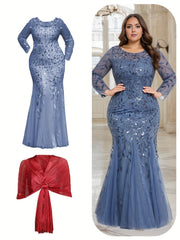 Elegant Plus Size Sequin Embroidered Mermaid Hem Dress with Matching Shawl - Long Sleeve, Crew Neck, Floral Pattern, Beige/Golden & Red Options, Perfect for Weddings, Proms, and Formal Events, Elegant Event Clothing | Glamoro SHOWLU FASHION STORE