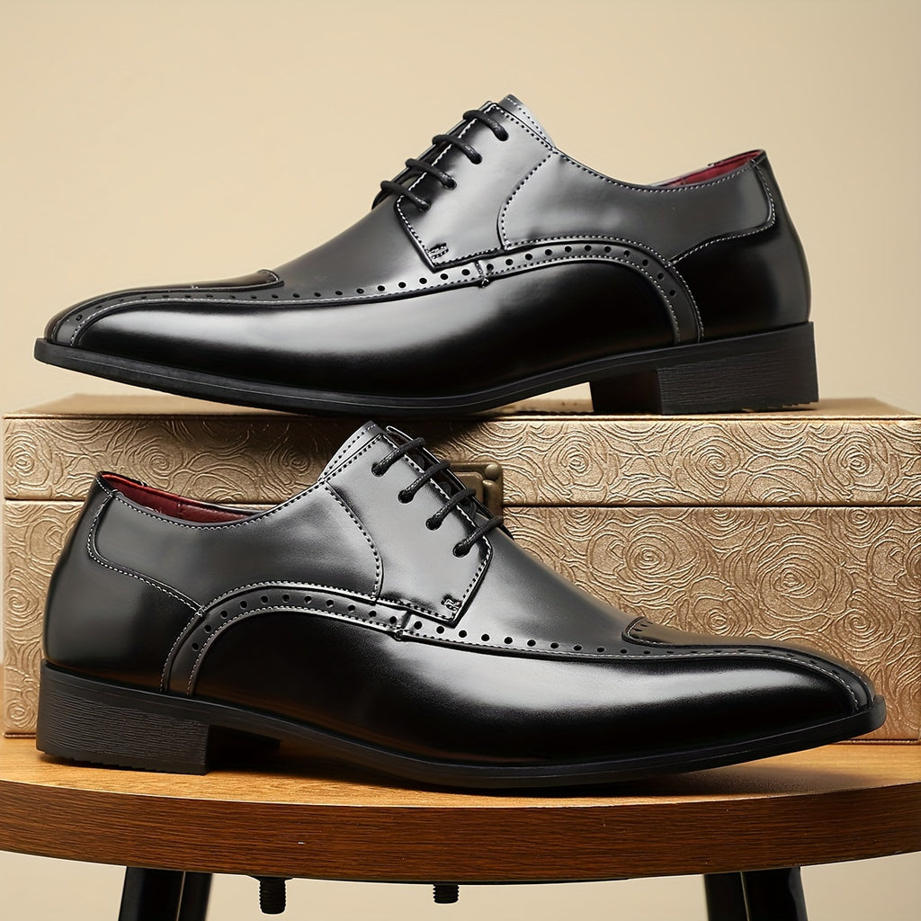 Black QRL Men's Spliced Lace-Up Formal Shoes with square toe, made of PU leather, styled for casual and formal occasions.
