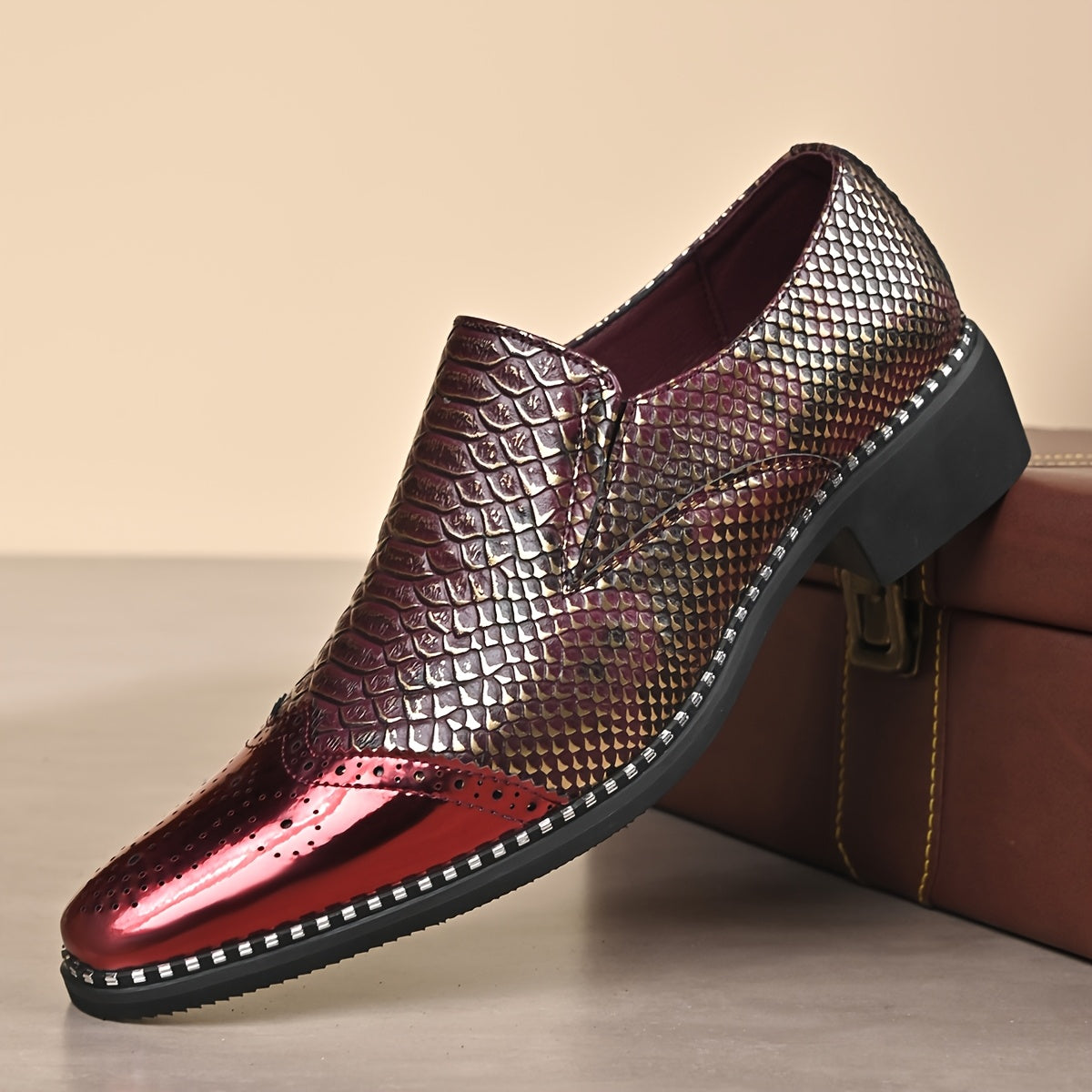 Men's snake scale patchwork slip-on formal shoes with chunky heel by Showlu Fashion Store, featuring stylish snake print and sleek design.