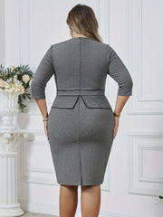 2 In 1 Plus Size Ruched Bodycon Dress, Elegant 3/4 Sleeve Dress For Spring & Summer, Women's Plus Size Clothing
