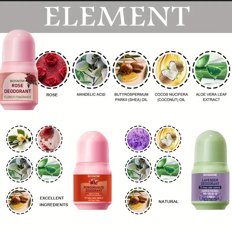 SHOWLU Natural Deodorant Set featuring rose, pomegranate, and lavender scents in three sleek sticks on a neutral background.
