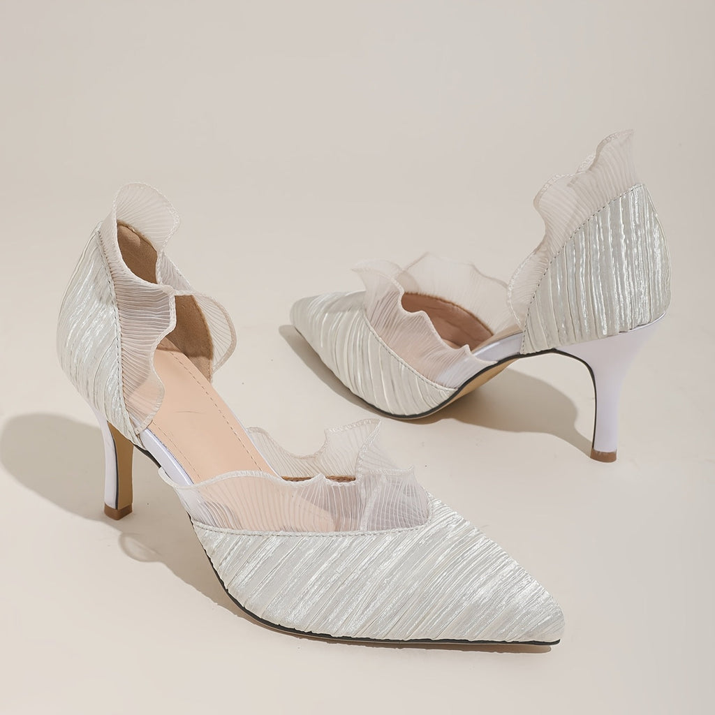 SHOWLU Black lace mid-heel pumps with pointed toe, elegant dress shoes for women.